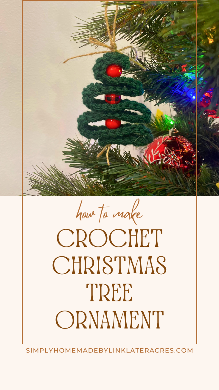 Pinterest pin crochet christmas tree with christmas tree in background